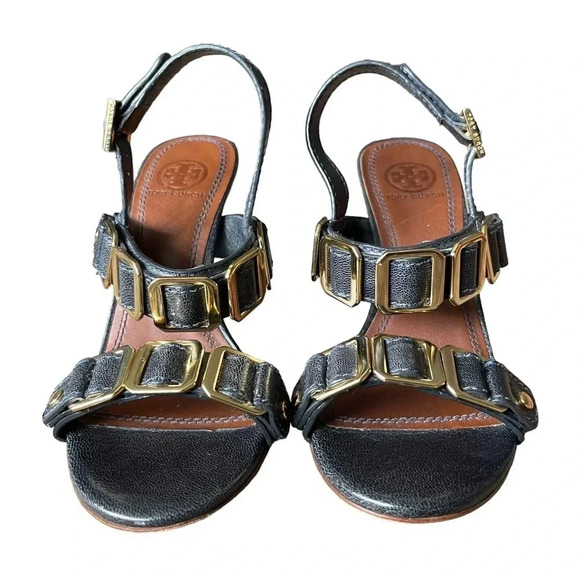 TORY BURCH Stiletto Heel Sandals Leather Slingback Black Gold Hardware Size 6 - Picture 1 of 5